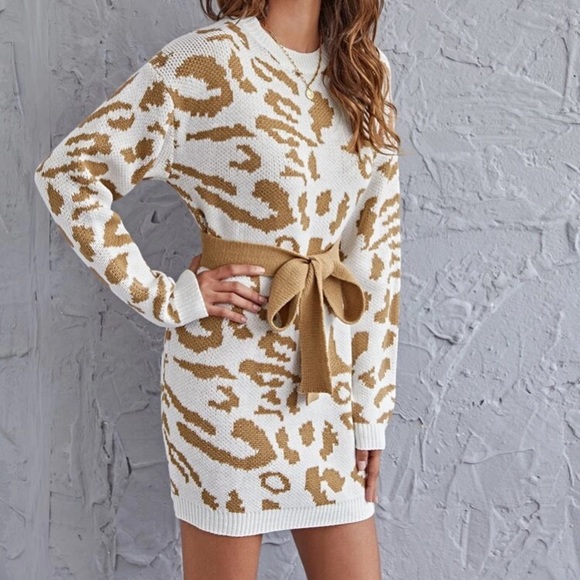🆕LAST ONE🛍 Gold Leopard Ribbon Tie Sweater Dress - Picture 2 of 5